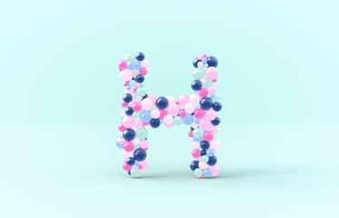 Sweet candy balls letter H. 3D render glossy font on isolated background.