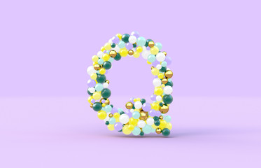 Sweet candy balls letter Q. 3D render glossy font on isolated background.