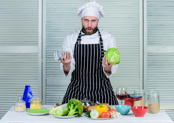 have no skills. green fresh ingredients. bearded man loves healthy food. cook in restaurant. professional chef cooking in kitchen. organic and vegetarian. Dieting and vitamin. culinary cuisine