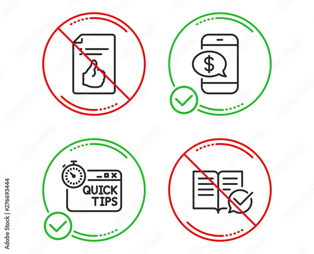 Poster do or stop. quick tips, phone payment and approved document icons simple set. approved documentation