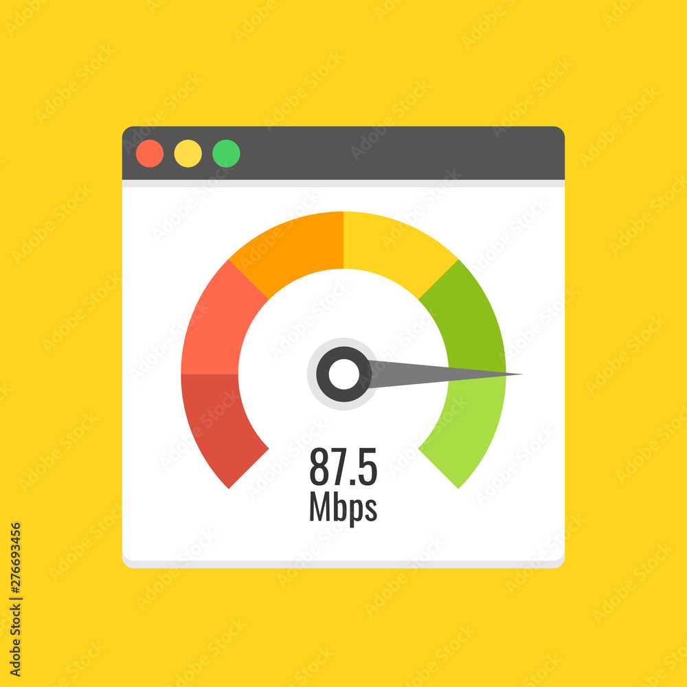 Poster website speed loading time. web browser with speedometer test showing fast good page loading speed t