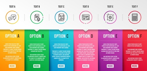 Certificate, Web report and Report document icons simple set. Cogwheel, Approve and Calculator signs. Diploma, Graph chart. Education set. Infographic template. 6 steps timeline. Business options