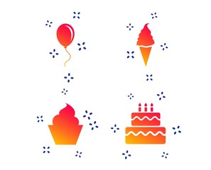 Birthday party icons. Cake with ice cream signs. Air balloon with rope symbol. Random dynamic shapes. Gradient party icon. Vector
