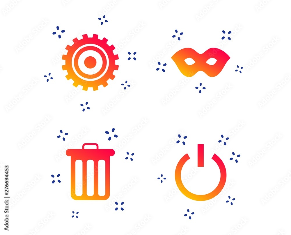 Aufkleber anonymous mask and cogwheel gear icons. recycle bin delete and power sign symbols. random dynamic sh
