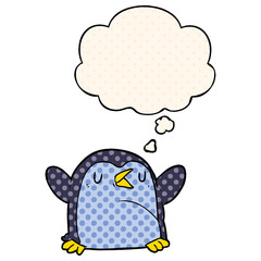 cartoon penguin and thought bubble in comic book style