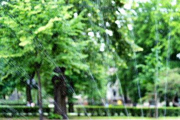 Splashes of water in the city park in summer