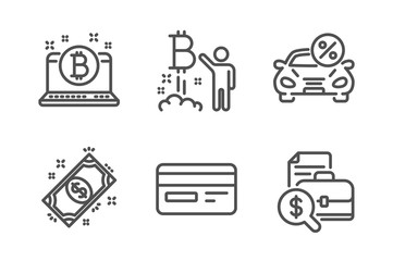Credit card, Payment and Bitcoin project icons simple set. Car leasing, Bitcoin and Accounting report signs. Card payment, Finance. Finance set. Line credit card icon. Editable stroke. Vector