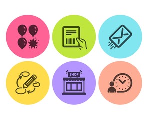 Shop, Parcel invoice and Balloon dart icons simple set. E-mail, Keywords and Time management signs. Store, Delivery document. Business set. Flat shop icon. Circle button. Vector