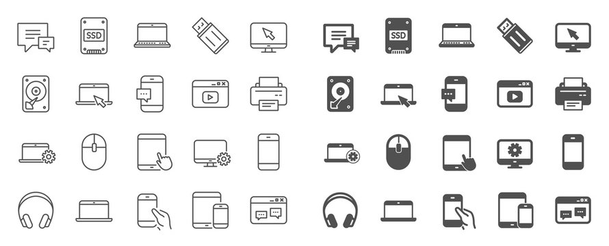 Mobile device line icons. Laptop, Tablet PC and Smartphone icons. HDD, SSD and Flash drive. Headphones, Printer and tablet device. Mouse, ssd disk, mobile laptop. Memory hdd drive. Quality sign set
