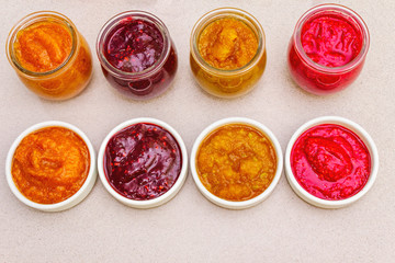 Healthy organic homemade assortment of fruit puree