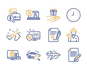Online shopping, Web call and Repairman icons simple set. Search car, Clock and Santa boots signs. Reject file, Accounting report and Online loan symbols. Line online shopping icon. Colorful set