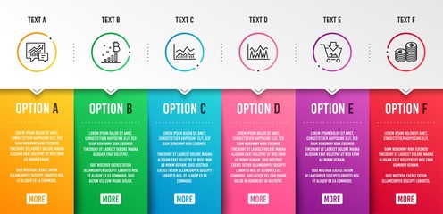 Investment, Accounting and Bitcoin graph icons simple set. Trade infochart, Shopping and Currency signs. Economic statistics, Supply and demand. Finance set. Infographic template. 6 steps timeline