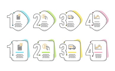 Calculator, Free delivery and Bitcoin pay icons simple set. Candlestick graph sign. Money management, Shopping truck, Cryptocurrency coin. Finance chart. Finance set. Infographic timeline. Vector