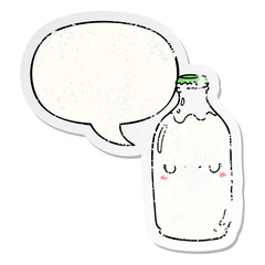 cute cartoon milk bottle and speech bubble distressed sticker