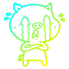 cold gradient line drawing crying pig cartoon
