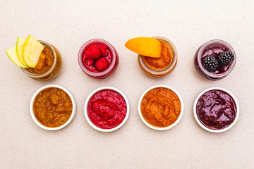Healthy organic homemade assortment of fruit puree