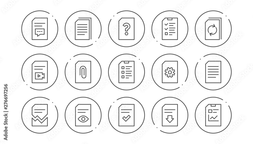 Poster document line icons. report, checklist and download file. read message linear icon set. line buttons