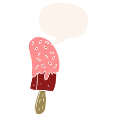 cartoon ice cream lolly and speech bubble in retro style