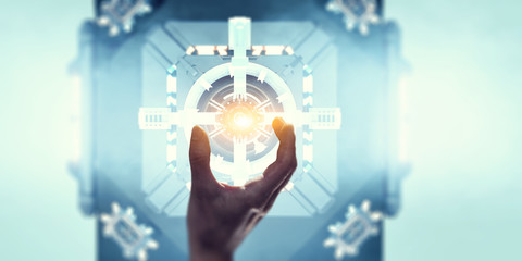 Hand and technology managing concept. Mixed media