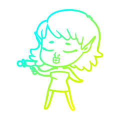 cold gradient line drawing pretty cartoon alien girl with ray gun
