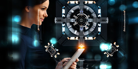 Hand and technology managing concept. Mixed media