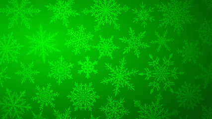 Fototapeta na wymiar Christmas background with various complex big and small snowflakes in green colors