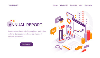 Annual Report online website template for delivering year end analytics and finances with copy space for text and illustration