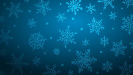 Fototapeta na wymiar Christmas background with various complex big and small snowflakes in blue colors