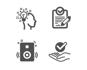 Set of Rfp, Idea and Speakers icons. Approved sign. Request for proposal, Creative designer, Sound. Verified symbol.  Classic design rfp icon. Flat design. Vector