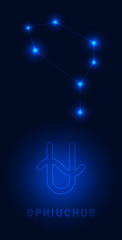 Constellation Ophiuchus. Bright glowing stars with the name and sign on a blue background night lighting. Star Map Vector.