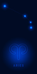 Constellation Aries. Bright glowing stars with the name and sign on a blue night-lit background. Star map Vector.