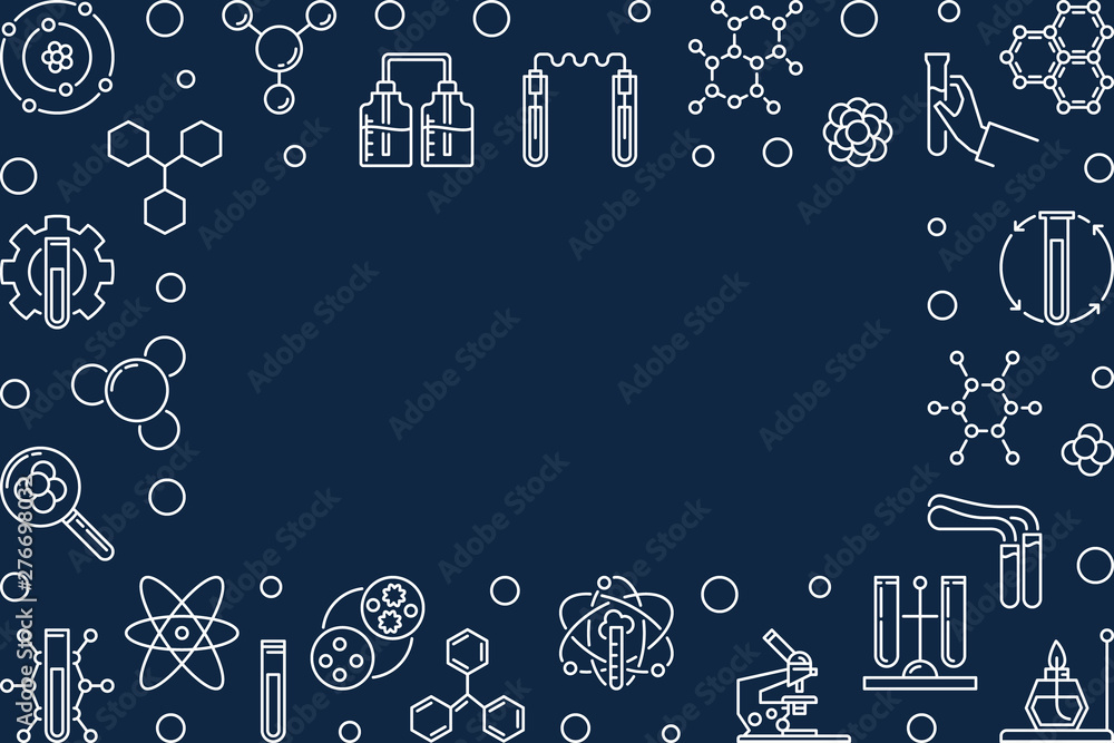 Poster chemistry outline vector horizontal frame. chemical background with empty space for your text