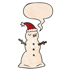 cartoon snowman and speech bubble in retro texture style