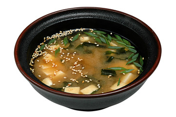 Japanese miso soup with tofu on white isolated background