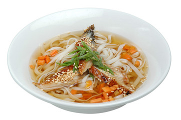 Asian meal made of instant noodles and fried eel, traditional oriental food on white isolated background