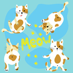 Cute and funny cartoon cats. Set of cat illustration print. Great design elements for kids apparel, poster, sticker, patch. Hand drawn vector illustration.