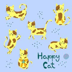 Cute and funny cartoon cat. Happy cat set. Great design for kids apparel, sticker, nursery decoration, patch or poster. Hand drawn vector illustration.