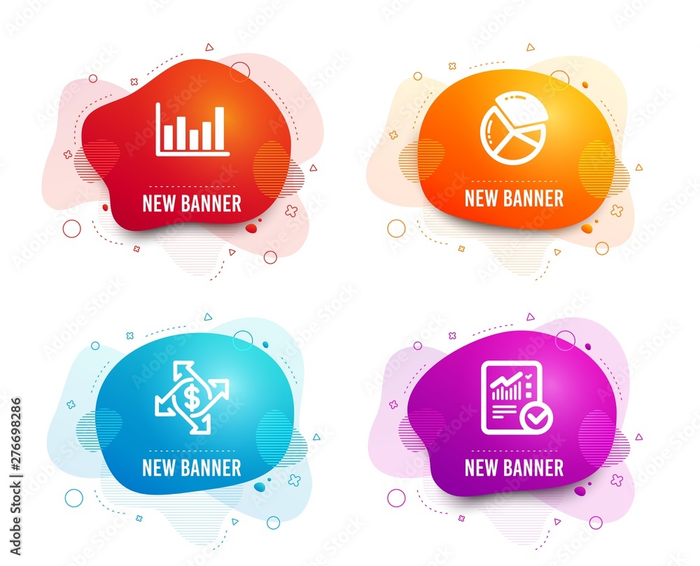 Poster liquid badges. set of payment exchange, column chart and pie chart icons. checked calculation sign. 