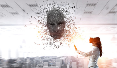 Digital head, artificial intelligence and virtual reality. Mixed media