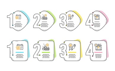 Flight sale, Christmas calendar and Sale icons simple set. Travel luggage sign. Travel discount, Presents day, Gift box. Trip bag. Holidays set. Infographic timeline. Line flight sale icon. Vector