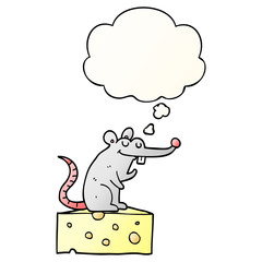cartoon mouse sitting on cheese and thought bubble in smooth gradient style