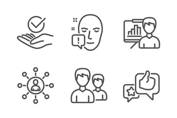 Obraz premium Presentation board, Approved and Couple icons simple set. Face attention, Networking and Like signs. Growth chart, Verified symbol. People set. Line presentation board icon. Editable stroke. Vector
