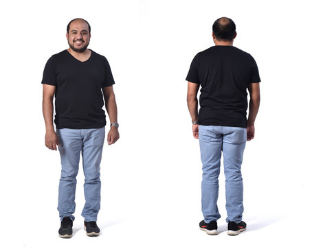 Full Portrait Of Latin Man Front And Back With Jeans On White