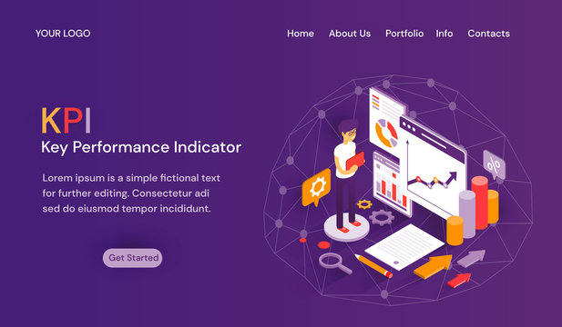 KPI Key Performance Indicator website template with header tabs, room for text above a Get Started button