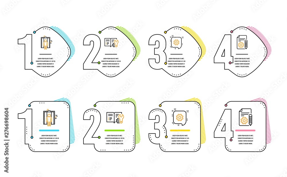 Poster engineering documentation, elevator and cogwheel icons simple set. documentation sign. manual, lift,