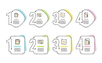 Engineering documentation, Elevator and Cogwheel icons simple set. Documentation sign. Manual, Lift, Engineering. Project. Industrial set. Infographic timeline. Line engineering documentation icon