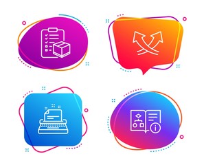 Typewriter, Parcel checklist and Intersection arrows icons simple set. Technical algorithm sign. Instruction, Logistics check, Exchange. Project doc. Industrial set. Speech bubble typewriter icon