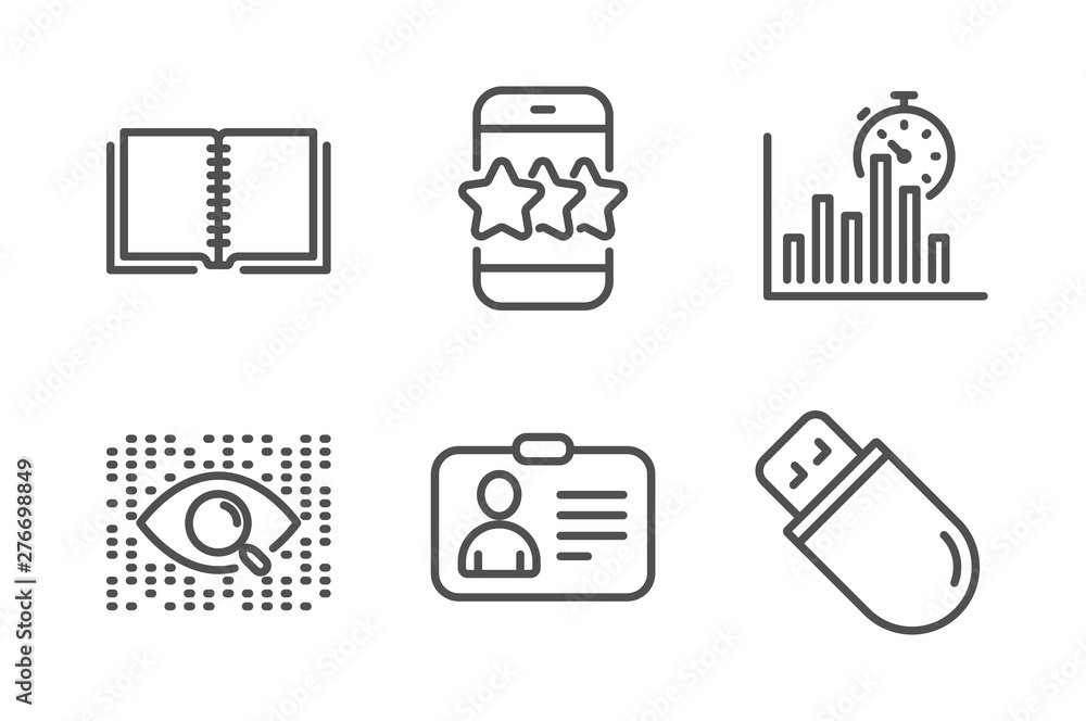 Poster star, artificial intelligence and id card icons simple set. book, report timer and usb stick signs. 