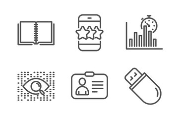 Star, Artificial intelligence and Id card icons simple set. Book, Report timer and Usb stick signs. Phone feedback, Find data. Line star icon. Editable stroke. Vector