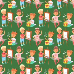 Children playing vector different types of home games little kids play summer outdoor active leisure childhood activity seamless pattern background.
